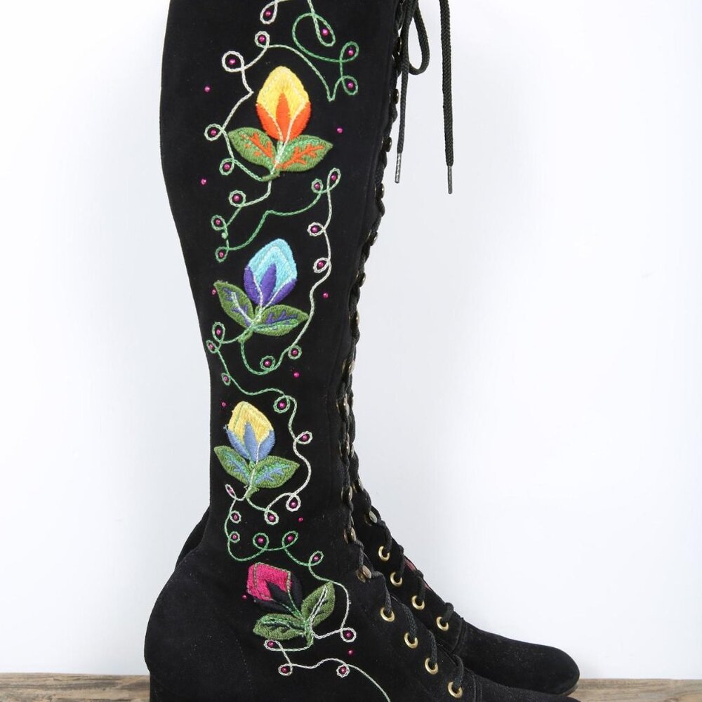 60s Gogo Boots Vintage Penny Lane Black Floral Embroidered Lace Up Boots